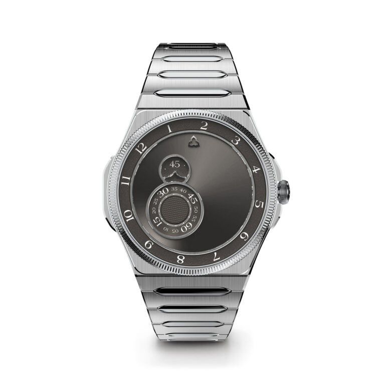 Montre Trilobe Trente-Deux en acier à cadran gris soleillé et bracelet intégré, 39,5 mm