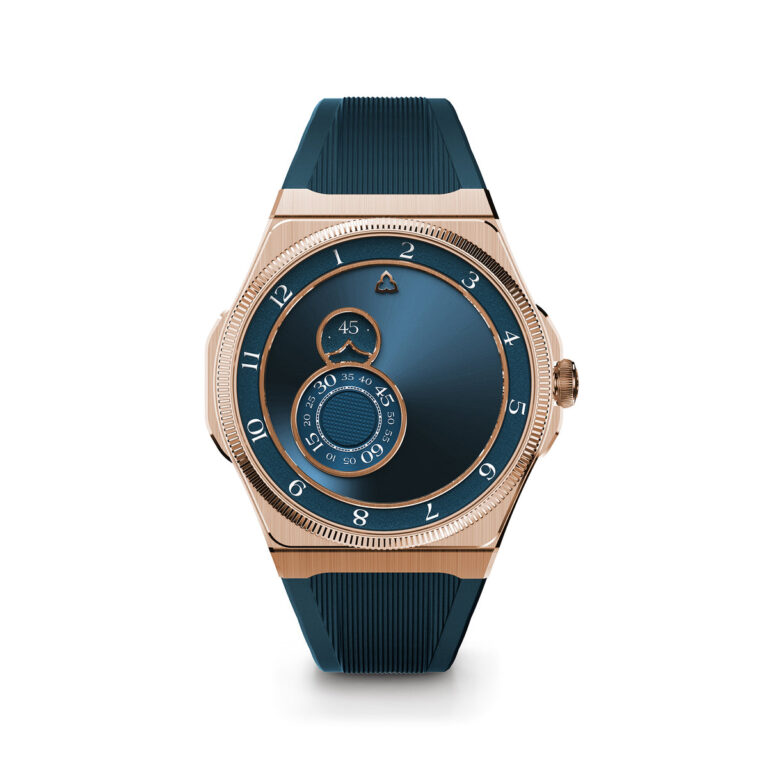 Montre Trilobe Trente-Deux en or rose à cadran bleu soleillé et bracelet caoutchouc bleu, 39,5 mm