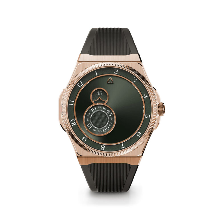 Montre Trilobe Trente-Deux en or rose à cadran vert soleillé et bracelet caoutchouc noir, 39,5 mm