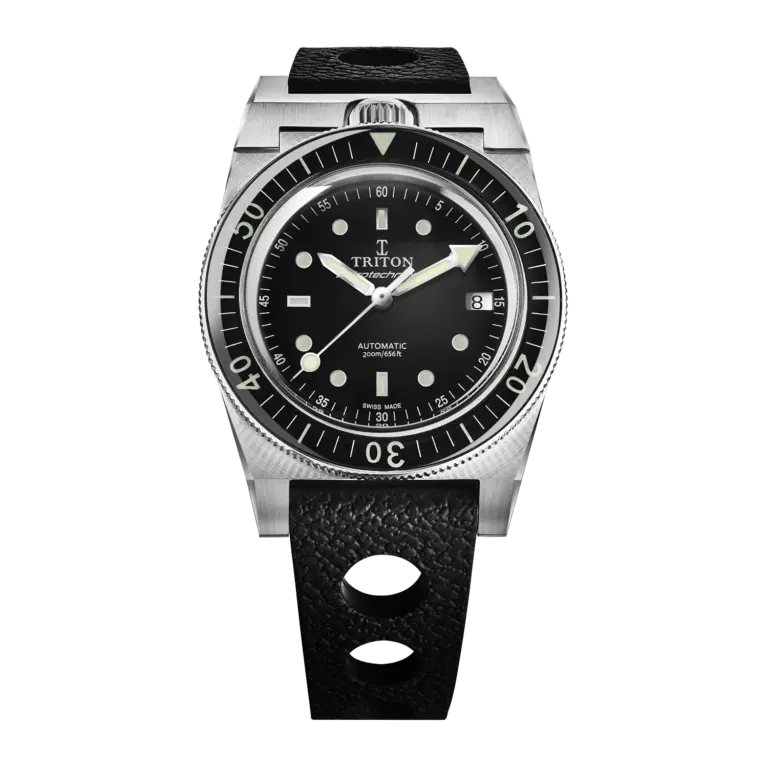 Montre de plongée Triton Spirotechnique Classic à cadran noir laqué et bracelet caoutchouc noir, 39 mm
