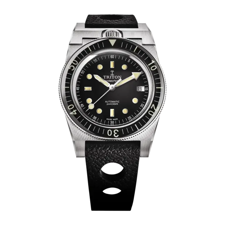 Montre de plongée Triton Spirotechnique Sport à cadran noir et bracelet caoutchouc perforé, 39 mm