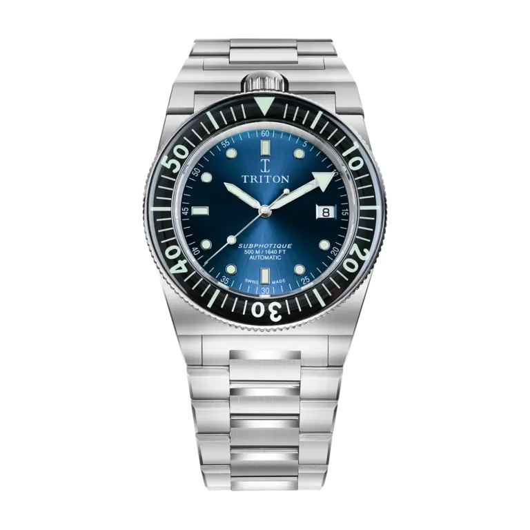 Montre de plongée Triton Subphotique Classique à cadran bleu soleillé, couronne à midi et bracelet acier, 40 mm
