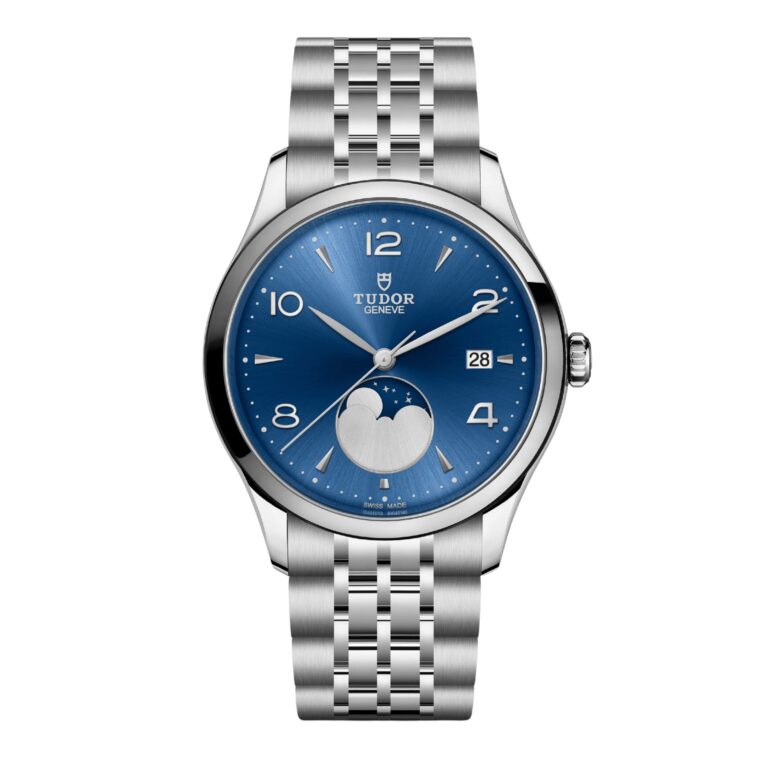 Montre Tudor 1926 Luna automatique à cadran bleu et phase de lune, bracelet acier, 39 mm