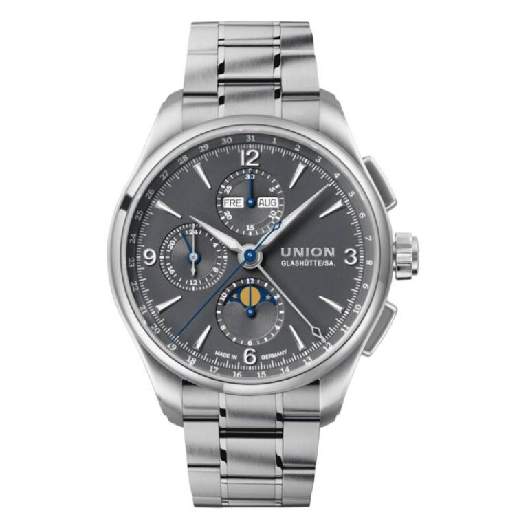 Montre Union Glashütte Belisar Chronograph Moon Phase à phase de lune, bracelet acier