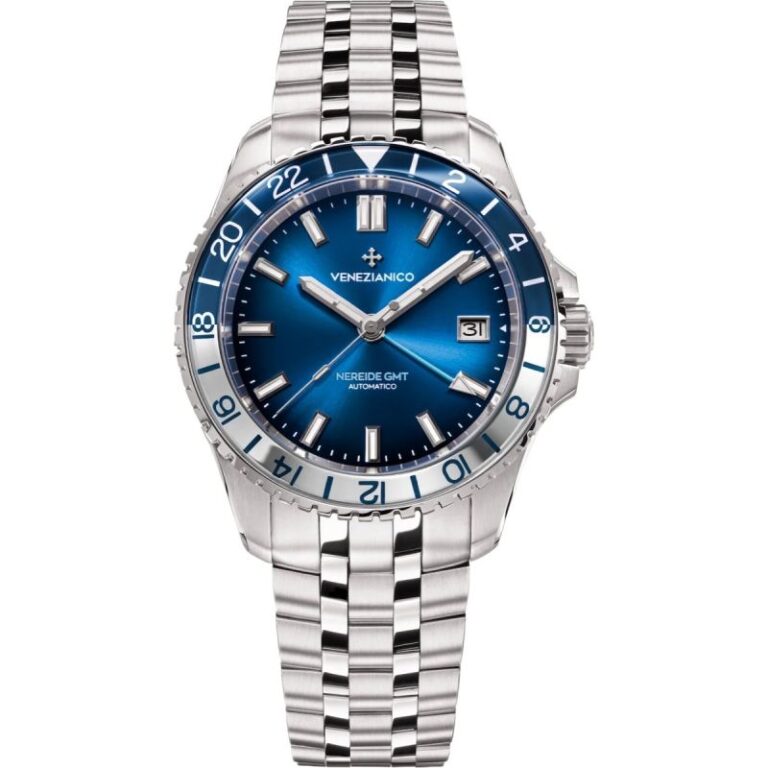 Montre Venezianico Nereide GMT 39 à cadran bleu soleillé, lunette bicolore et bracelet acier