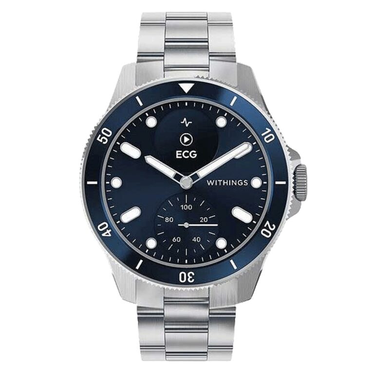 Montre connectée hybride Withings ScanWatch Nova à cadran bleu, lunette tournante et bracelet acier, 42 mm