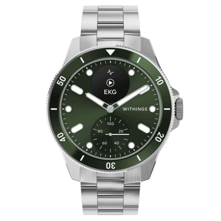 Montre connectée Withings ScanWatch Nova à cadran vert, lunette tournante et bracelet acier, 42 mm