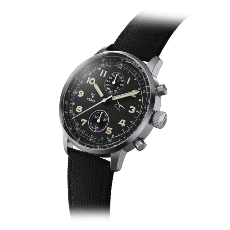 Montre chronographe Yema Flygraf Bi-Compax AAE méca-quartz à cadran noir et bracelet tissu noir, 40 mm