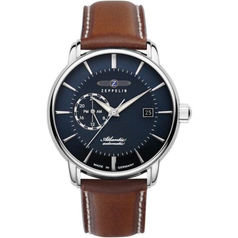 Montre Zeppelin Atlantic automatique à cadran bleu, indication 24 heures et bracelet cuir, 40 mm