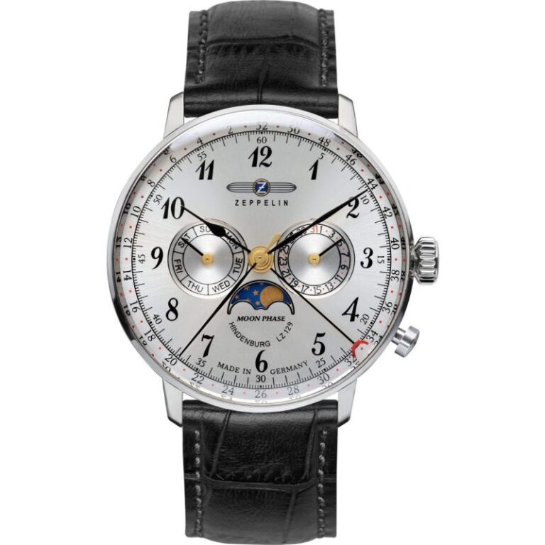 Montre Zeppelin LZ 129 Hindenburg Moonphase 7036-1 cadran argenté vue de face