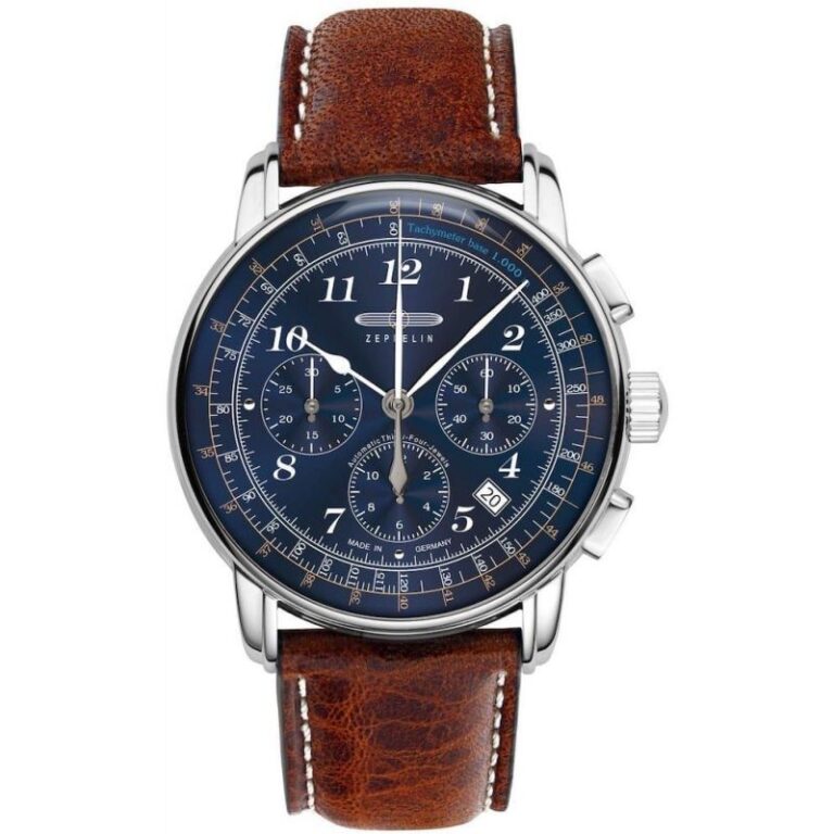 Chronographe automatique Zeppelin LZ126 Los Angeles à cadran bleu et bracelet cuir marron