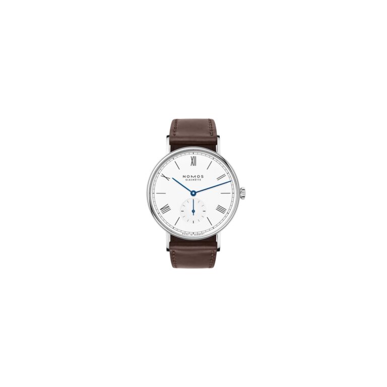 Montre Nomos Ludwig 38 à remontage manuel, cadran émail blanc et bracelet cuir brun