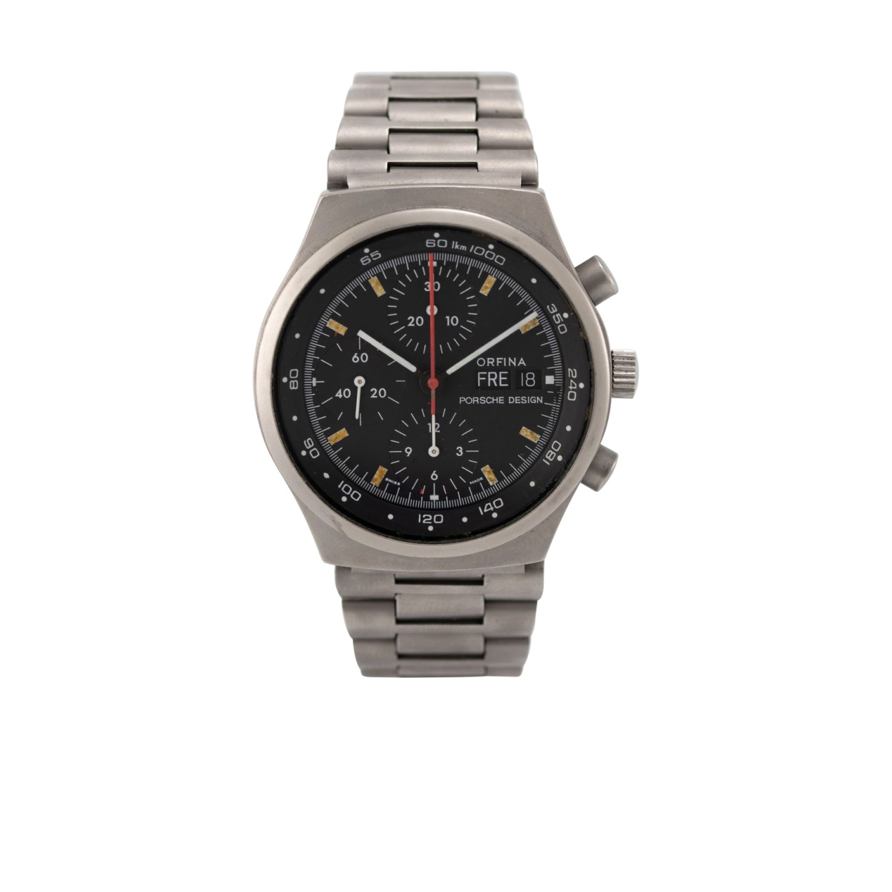 Chronographe Orfina Porsche Design I réf. 7176, boîtier et bracelet en acier noirci, cadran noir mat