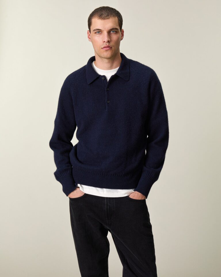 Polo en maille 100 % cachemire bleu marine foncé, Tricot Paris