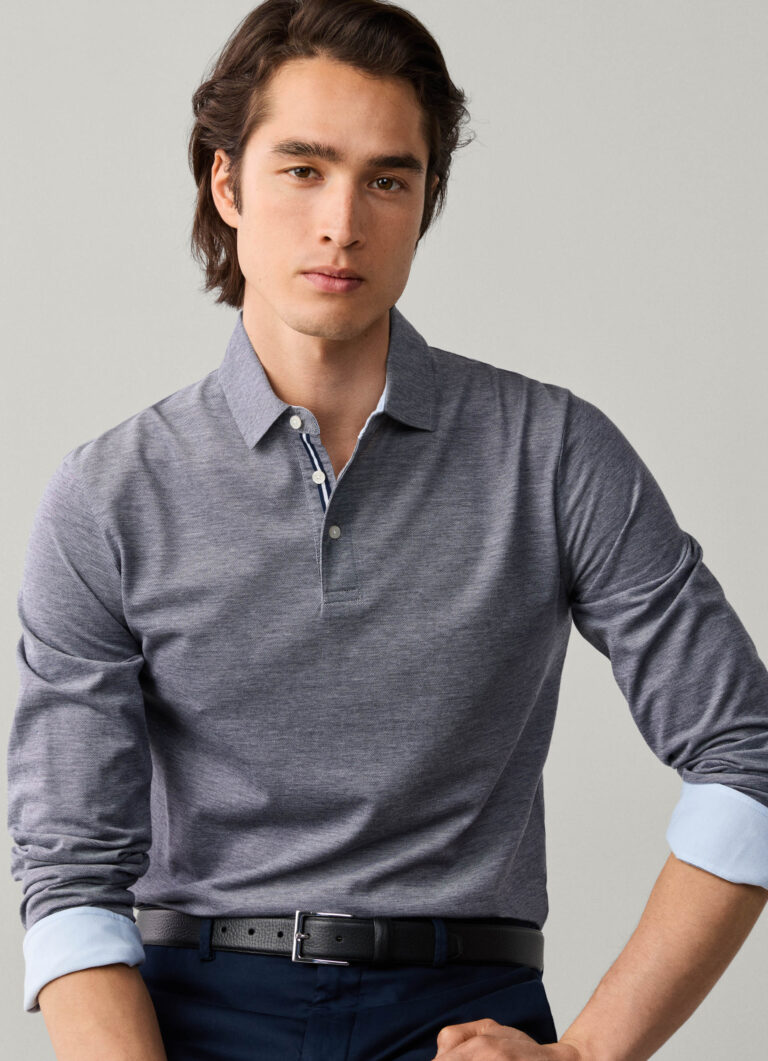 Polo à manches longues en piqué de coton bleu marine à col blazer, Hackett, porté