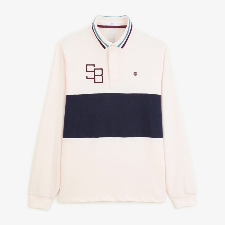 Polo de rugby manches longues bicolore blanc cassé et bleu marine, Serge Blanco