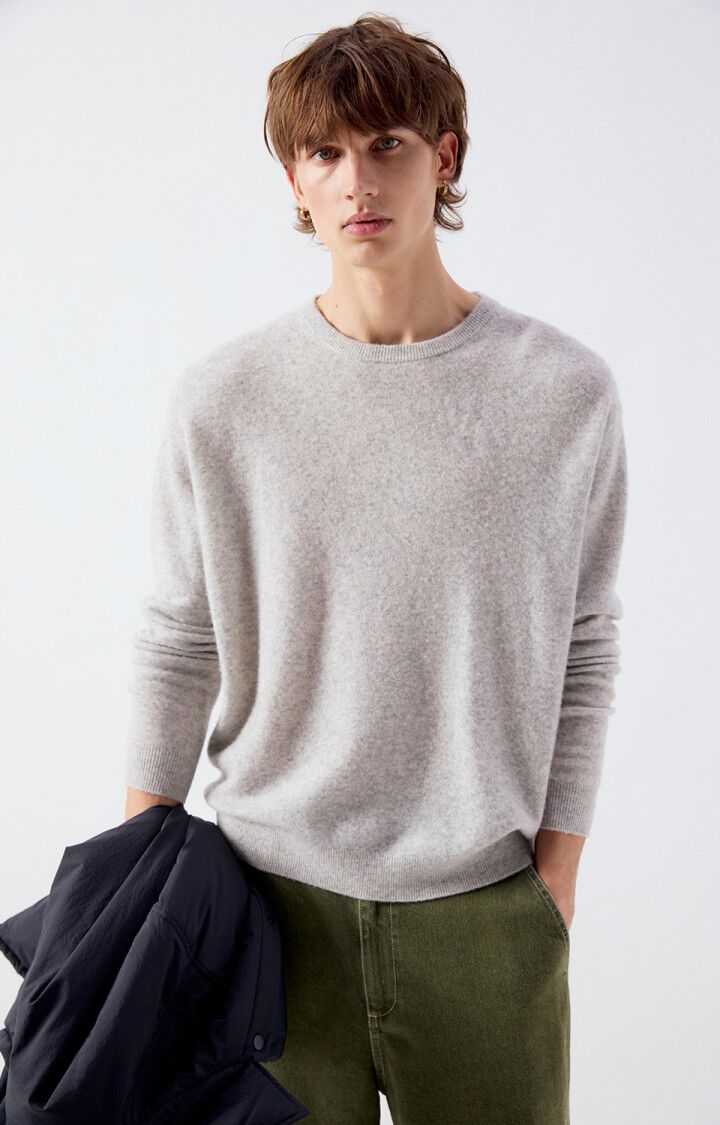 Pull homme Raxow gris chiné en laine et cachemire, American Vintage, porté