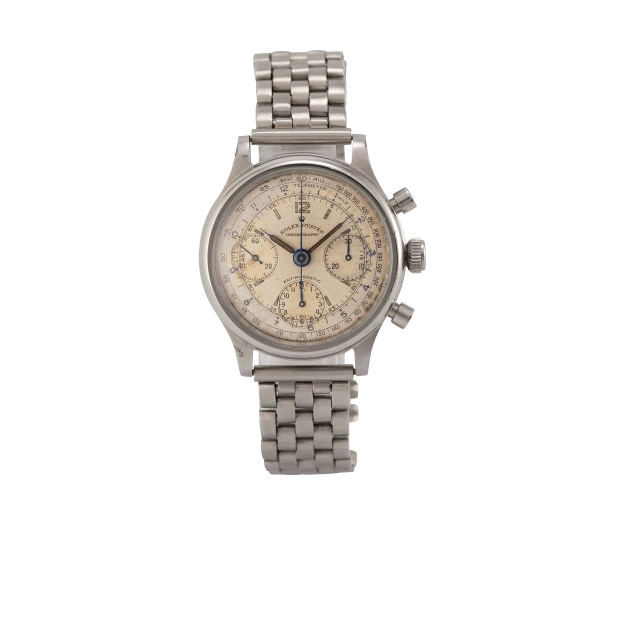 Rolex chronographe Oyster réf. 4048 « Barilotto » en acier de 35 mm, cadran argenté patiné à trois compteurs, échelles tachymétrique noire et télémétrique bleue