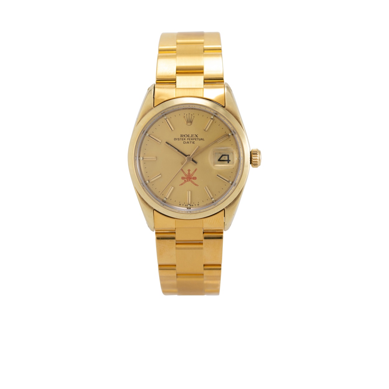 Rolex Oyster Perpetual Date réf. 1550 vers 1972, cadran doré soleil avec l'emblème khanjar rouge d'Oman au-dessus de 6 h