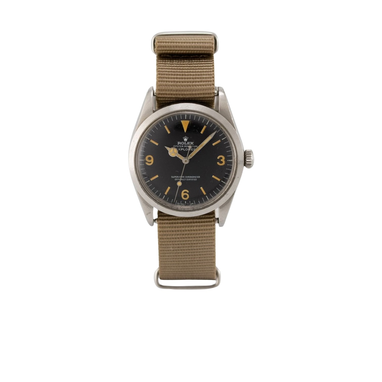 Rolex Explorer 1016 en acier, cadran noir à chiffres 3, 6 et 9, index au tritium à patine caramel