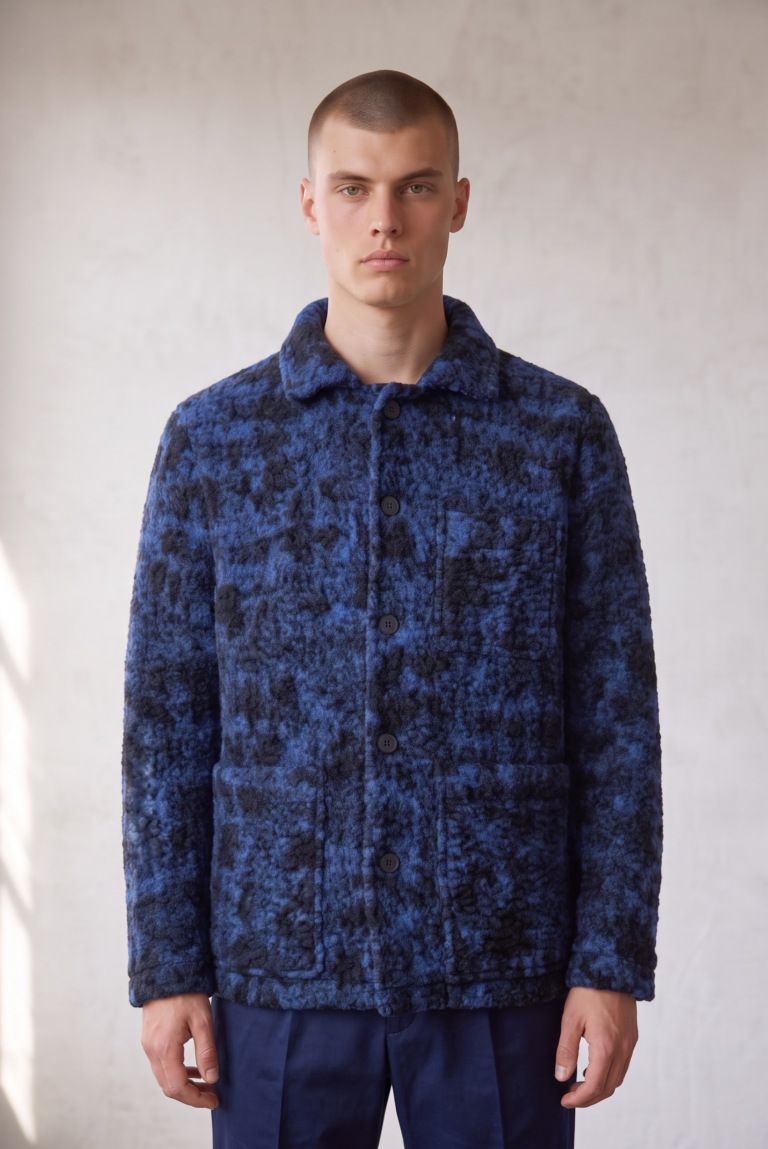 Surchemise Jagvi en laine recyclée bleu chiné, col français et boutons en corozo