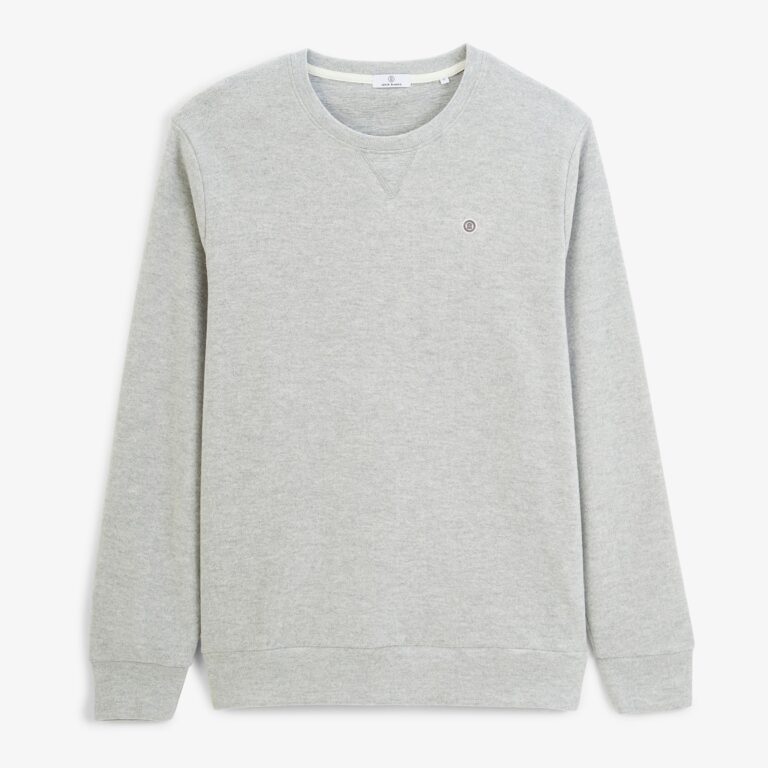Sweat col rond en coton gris chiné, logo brodé ton sur ton, Serge Blanco