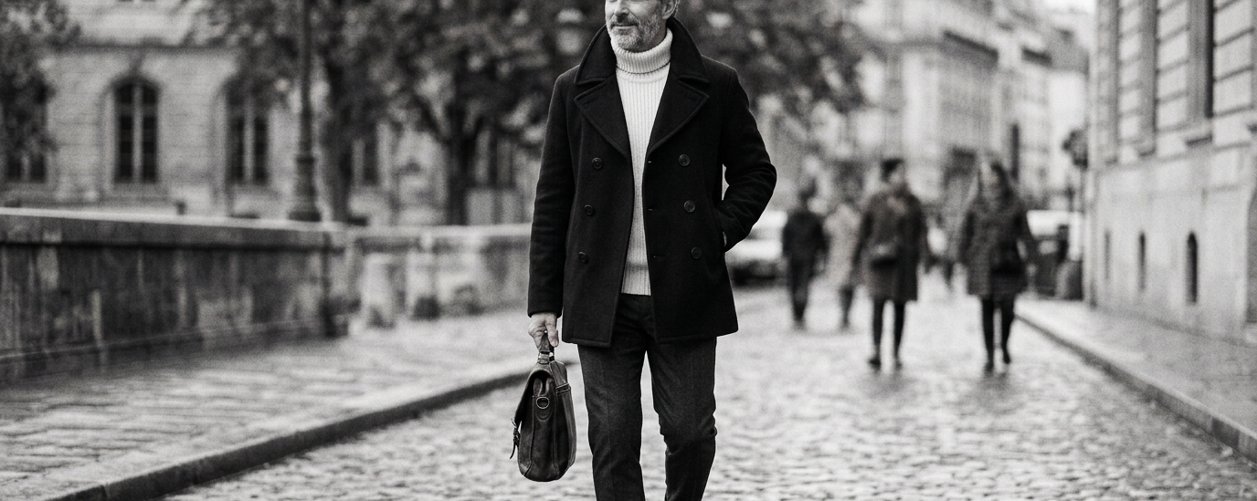 Man in navy coat walking with leather briefcase on cobblestone street