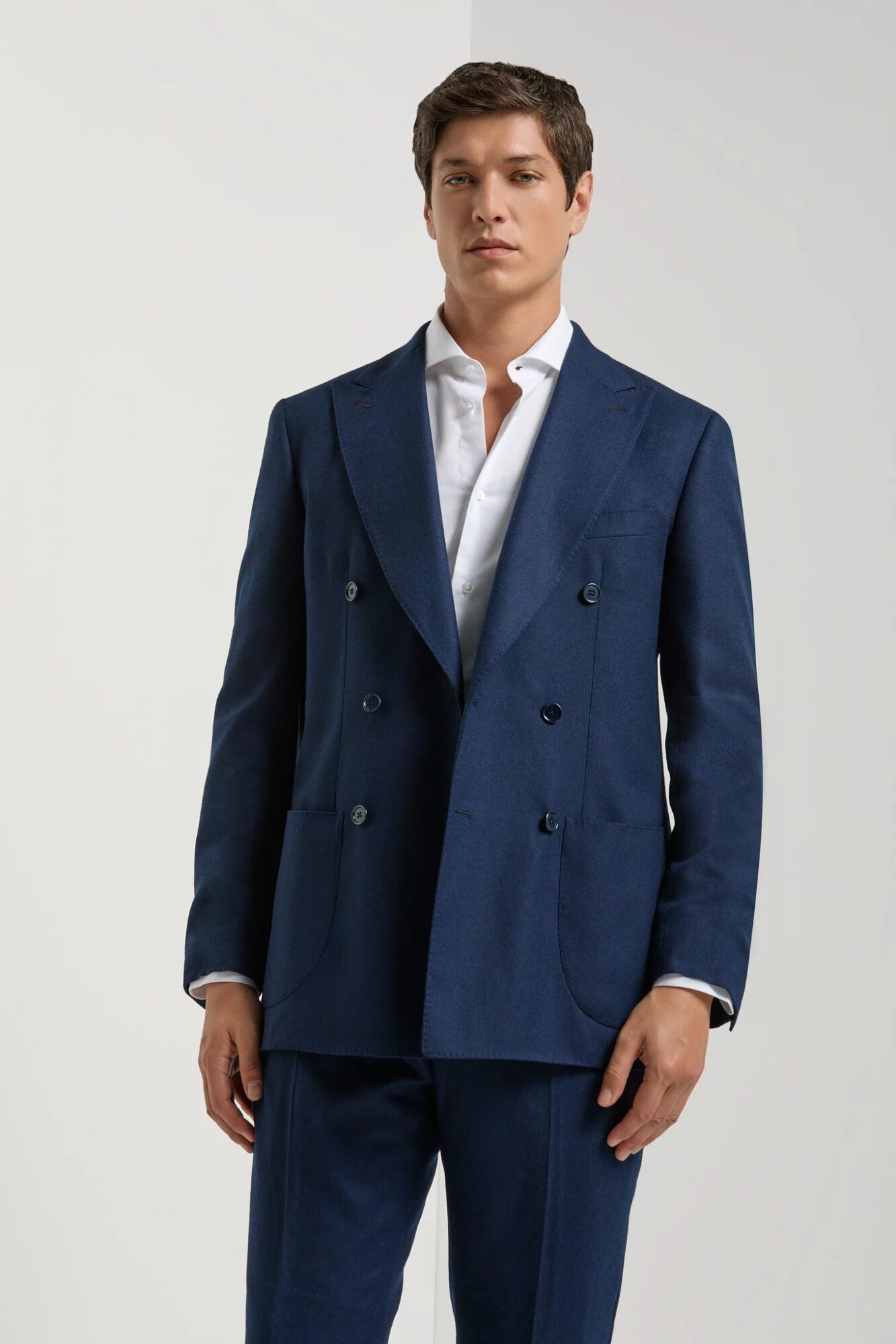 Veste croisée en flanelle bleue, revers en pointe, Pini Parma